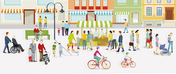 Cidade Com Pedestres Famílias Tempo Livre Zona Livre Carros Ilustração — Vetor de Stock