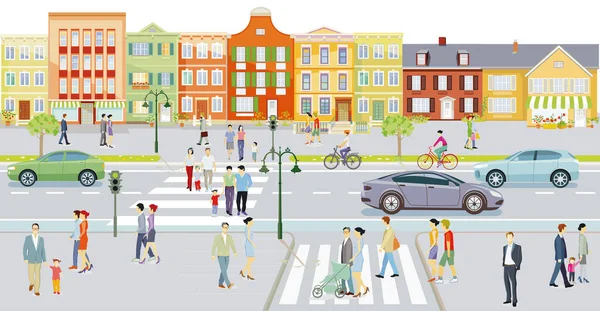 City Houses Traffic Pedestrians Sidewalk Illustration — Stock Vector