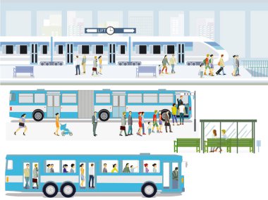 Ekspres tren ve yolcularla otobüs durağı.