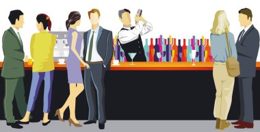 Bar tezgahında genç yetişkinlerle barmen.