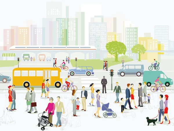 有行人和公路交通的城市形象 — 图库矢量图片