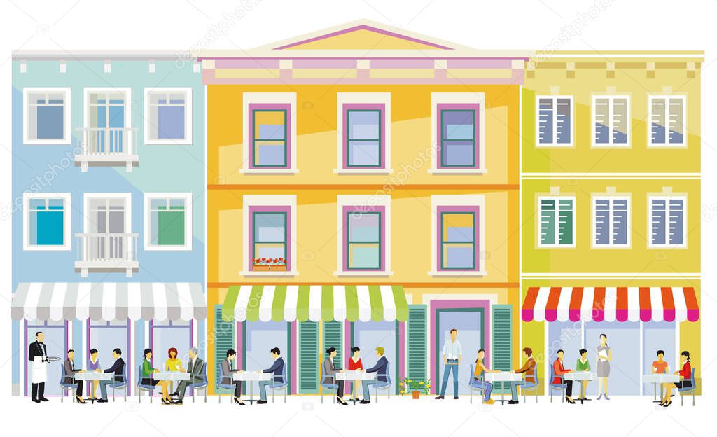 Life and leisure in a city with restaurants and bistros, illustration