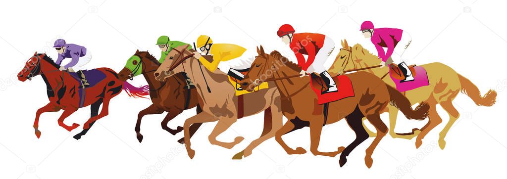 Horse racing with jockeys on the racetrack