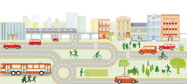 Arabalı sokaklar yayalar ve evler.