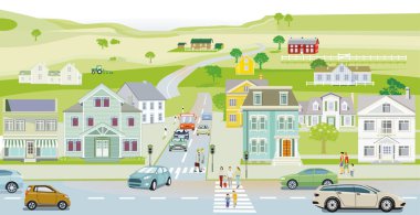 Evleri ve trafiği olan banliyöler, köydeki yayalar, çizimler