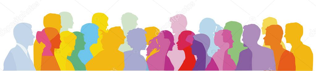 Colorful faces in profile, crowd, illustration