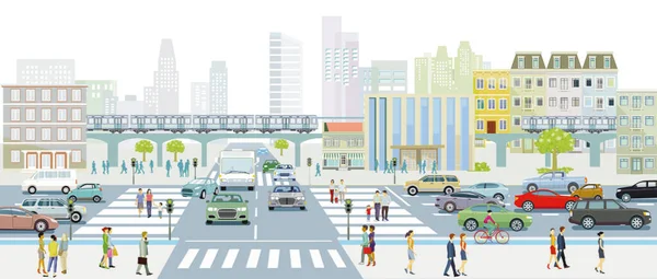 Большой Город Пешеходами Пешеходном Переходе Иллюстрацией Общественного Транспорта — стоковый вектор