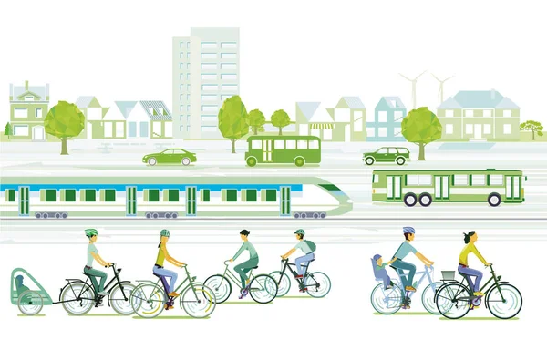 Città Ecologica Con Ciclisti Treno Passeggeri — Vettoriale Stock