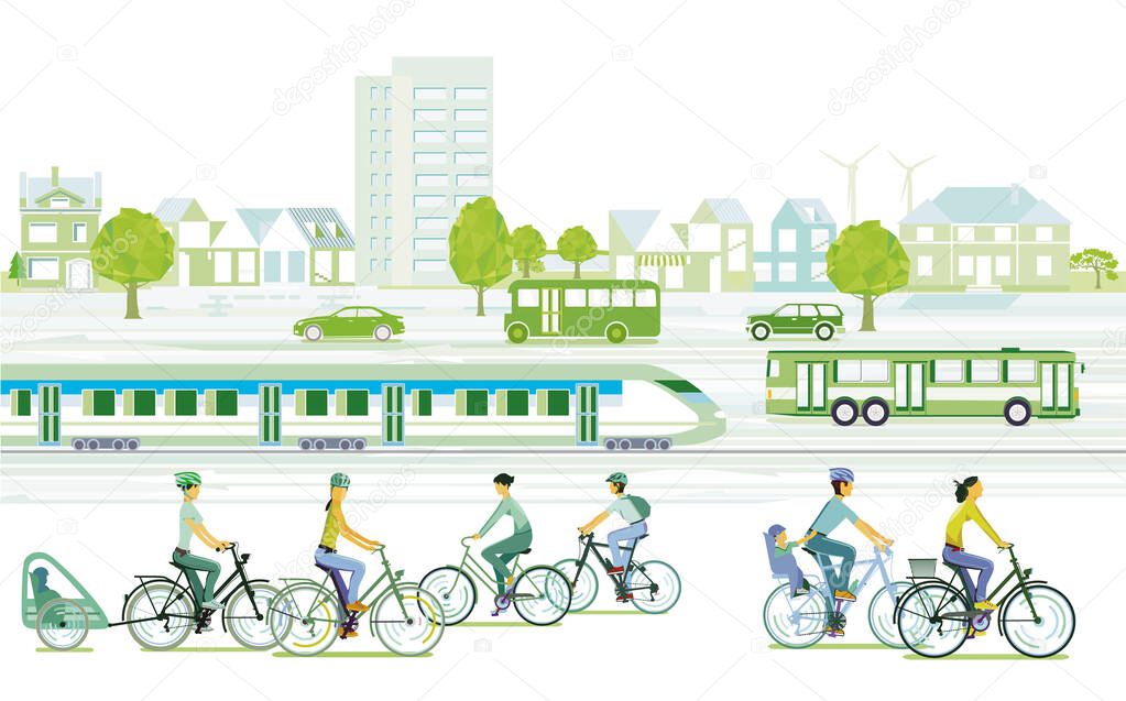 Ecological city with cyclists and passenger train