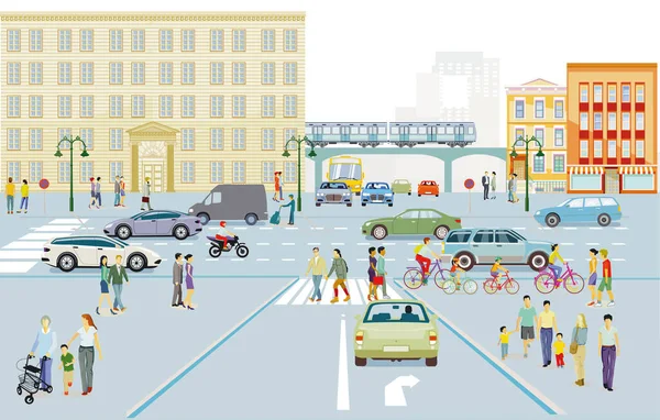 歩道上の道路交通と人々と都市のシルエット イラスト — ストックベクタ