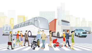 Yol trafiği, apartman binaları ve zebra geçişindeki yayalar.