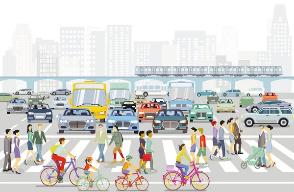 Stor Stad Med Fotgängare Övergångsstället Och Kollektivtrafik Illustration — Stock vektor