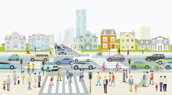 Silueta Ciudad Con Intersección Una Ciudad Gente Acera Ilustración — Vector de stock