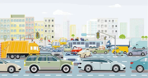 交通拥挤的大城市与公共交通的交叉口 — 图库矢量图片