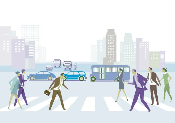 City Silhouette Pedestrians Zebra Crossing Illustration — Stock Vector