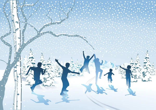 Children frolic in the snow — Stock Vector