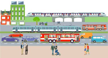 Şehir silueti arabalarla, toplu taşıma araçlarıyla, hafif raylı, metro, illüstrasyon