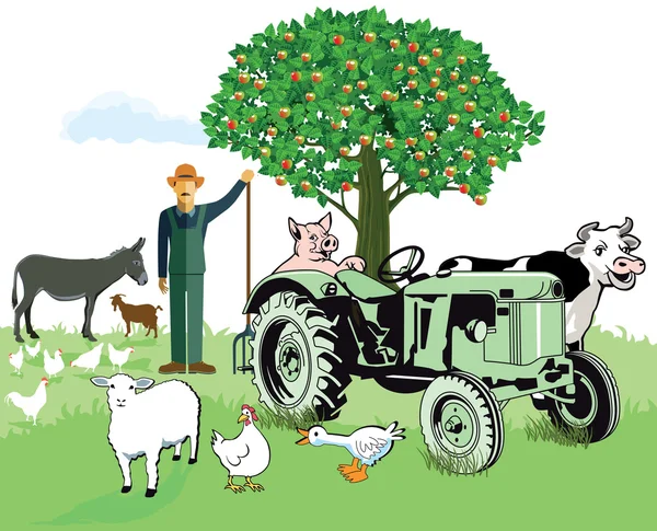 Animales de granja con agricultor — Vector de stock