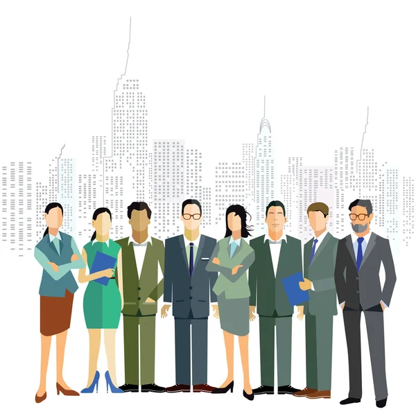 Grupo de personas de negocios y de oficina con paisaje urbano — Vector de stock