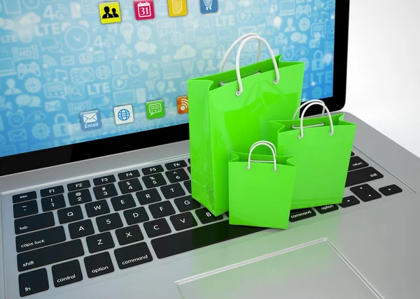 laptop and shopping bags