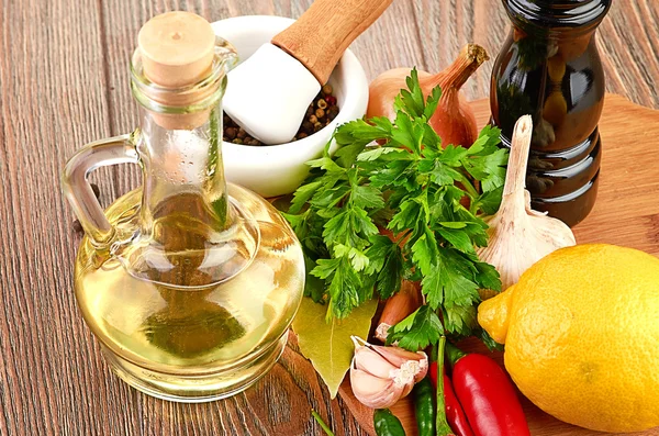 Fresh cooking ingredients with olive oil