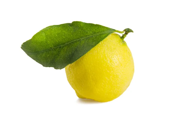 Ripe lemon with green leaf on white. — Stock Photo, Image