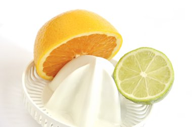 Katı meyve sıkacağı portakal ve beyaz bitti izole limon dilimleri ile.