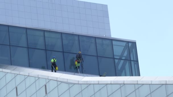Промислові альпіністів - вікно шайби чистої фасаду будинку Нью — стокове відео