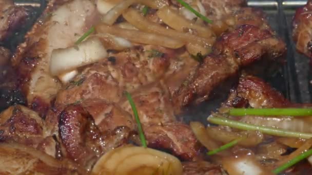 Steak de viande de porc sur barbecue — Video