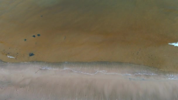 Top down antenn utsikt från drönare av lugna havsvågor kraschar och skummar på sten i sandstrand — Stockvideo