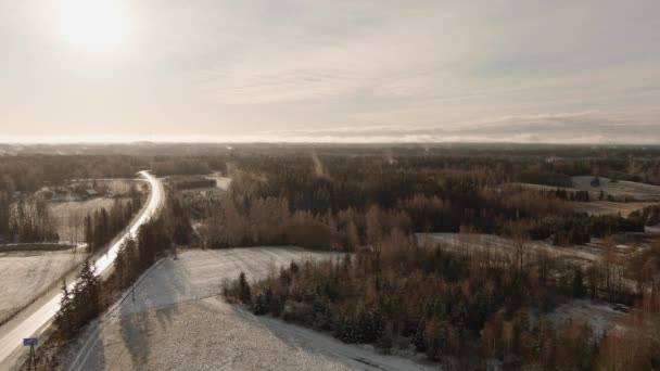Drohne fliegt nach erstem Schnee über blattlosem Herbstwald — Stockvideo