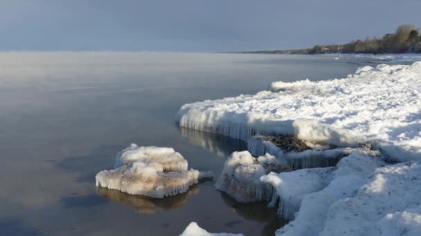 Niebla sobre el mar tranquilo en frío día de invierno — Vídeos de Stock