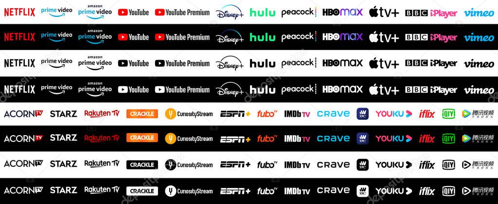 Collection of popular tv and video streaming services vector logos.