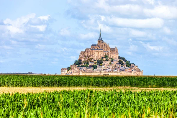 Veduta della famosa isola storica di Le Mont Saint-Michel con campi di grano verde di fronte — Foto Stock