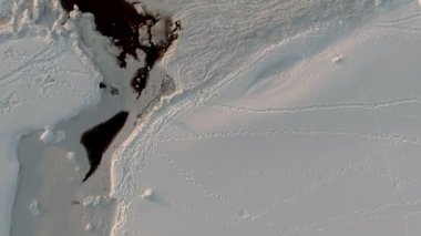 Kısmen donmuş deniz ve küçük nehir deltası üzerindeki hava manzarası.