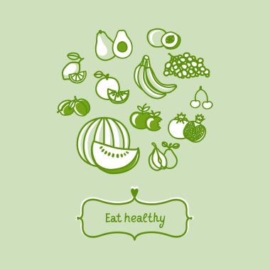 Meyve vektör yeşil bir arka plan üzerinde daire. Sağlıklı gıda tasarım.