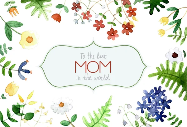 La tarjeta feliz del día de la mamá - la postal con el ornamento de la acuarela las flores primaverales . — Archivo Imágenes Vectoriales
