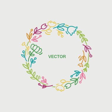 Vektör çelenk dalları, yaprakları ve çiçekleri ile modaya uygun doğrusal tarzı - soyut çerçeve yaptı.