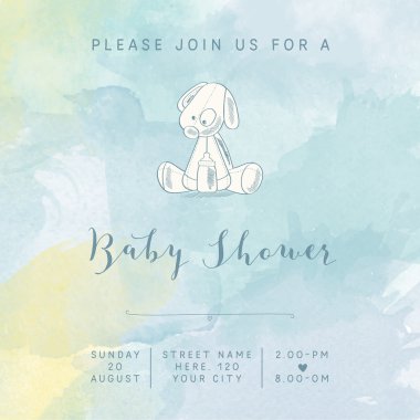 watercolor baby boy shower card with retro toy clipart