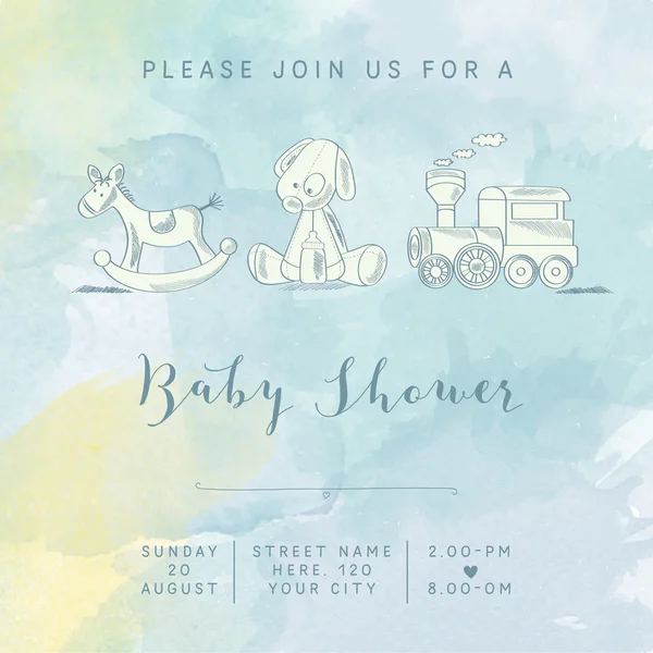 Watercolor baby boy shower card with retro toys — Stockvector