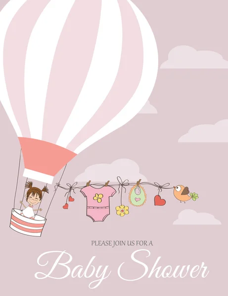 Baba lány zuhanyzó kártya hőlégballon — Stock Vector