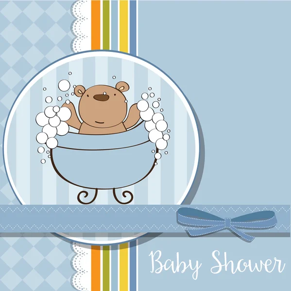 Carte de douche bébé garçon avec petit ours en peluche — Image vectorielle