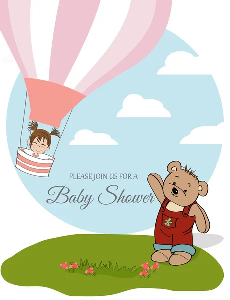 Baby girl shower card with hot air balloon — Stock Vector