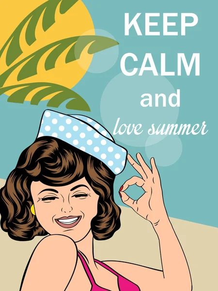 Ilustração estilo retrô com mensagem "Mantenha a calma e amor verão — Vetor de Stock