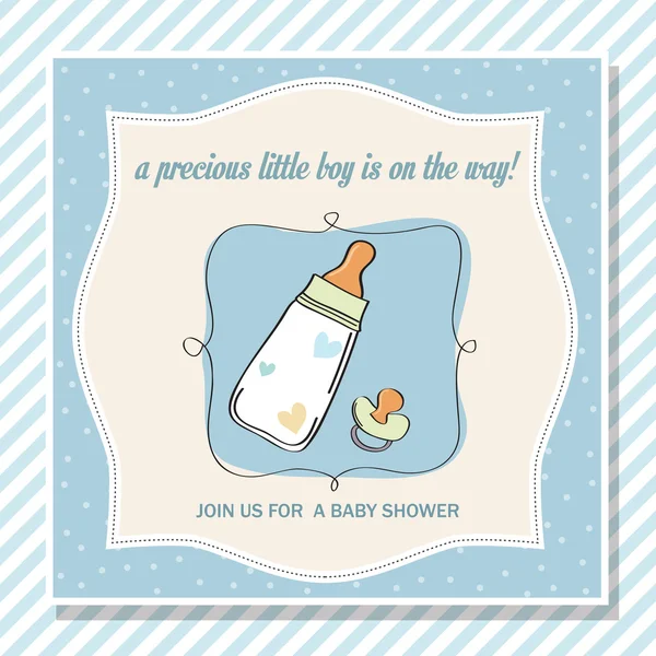Baby jongen douche kaart met melk fles en fopspeen — Stockvector