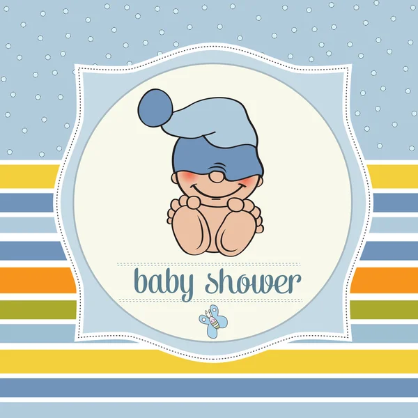Bebê menino chuveiro cartão com engraçado pouco bebê —  Vetores de Stock