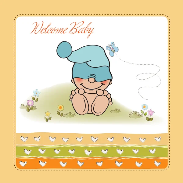 Bebê menino chuveiro cartão com engraçado pouco bebê —  Vetores de Stock