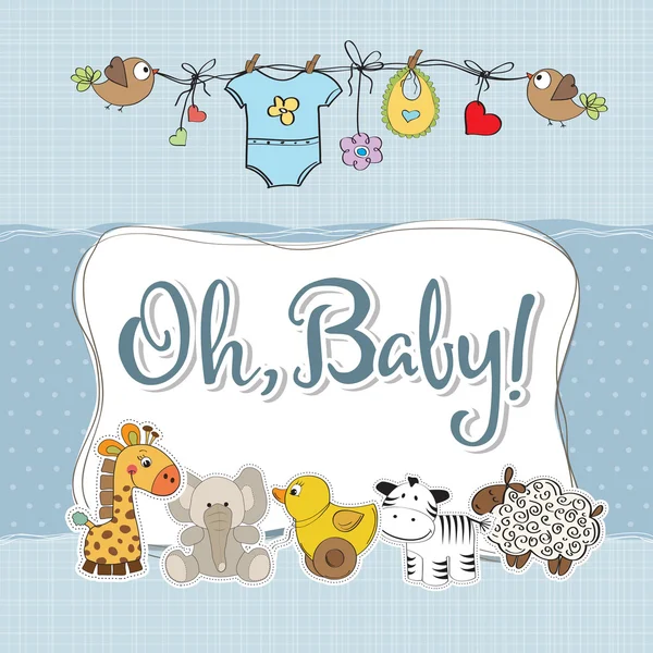 Bebê menino chuveiro cartão com animais — Vetor de Stock