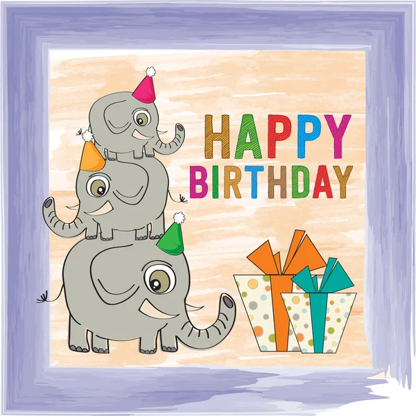 Tarjeta de cumpleaños infantil con elefantes divertidos — Vector de stock