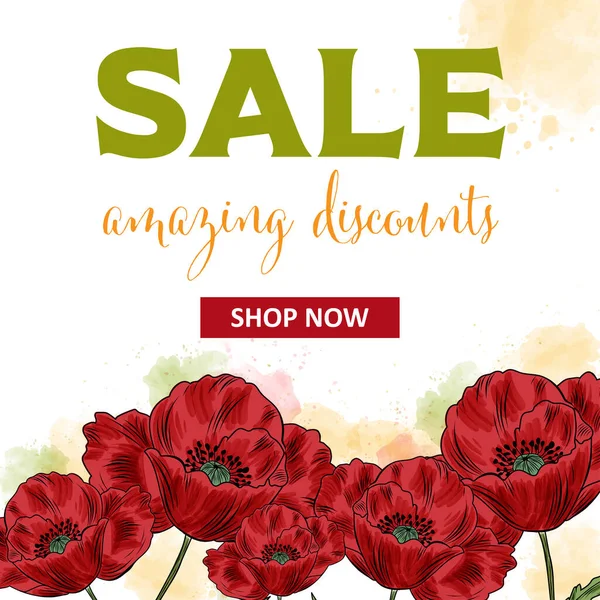 Vente Modèle Bannière Avec Des Coquelicots Modèle Publicité Vente Pour — Image vectorielle